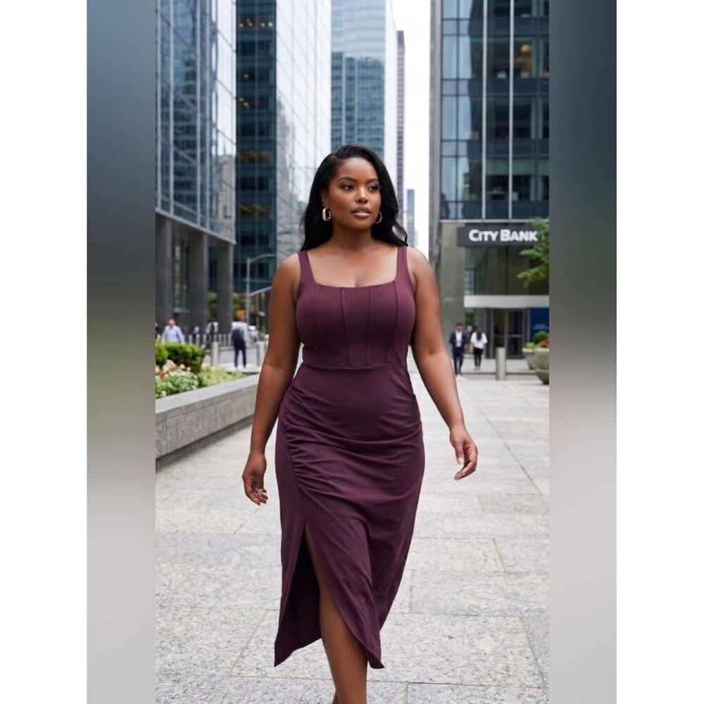 Halara SoftlyZero Airy Square Neck Backless Corset Ruched Split Midi Dress Fig